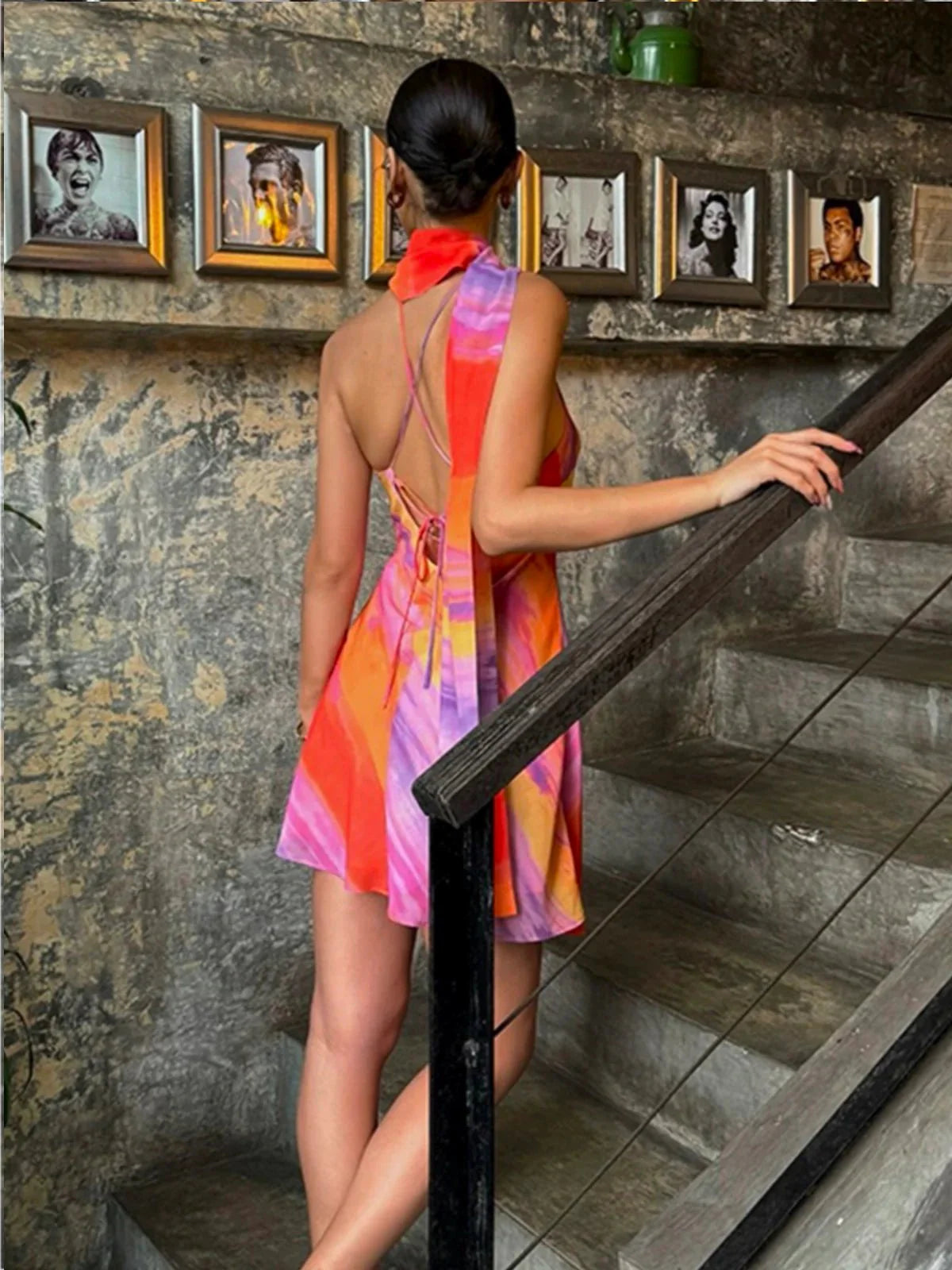 Semi-Sheer Halter Backless Tie Dye Mini Dress