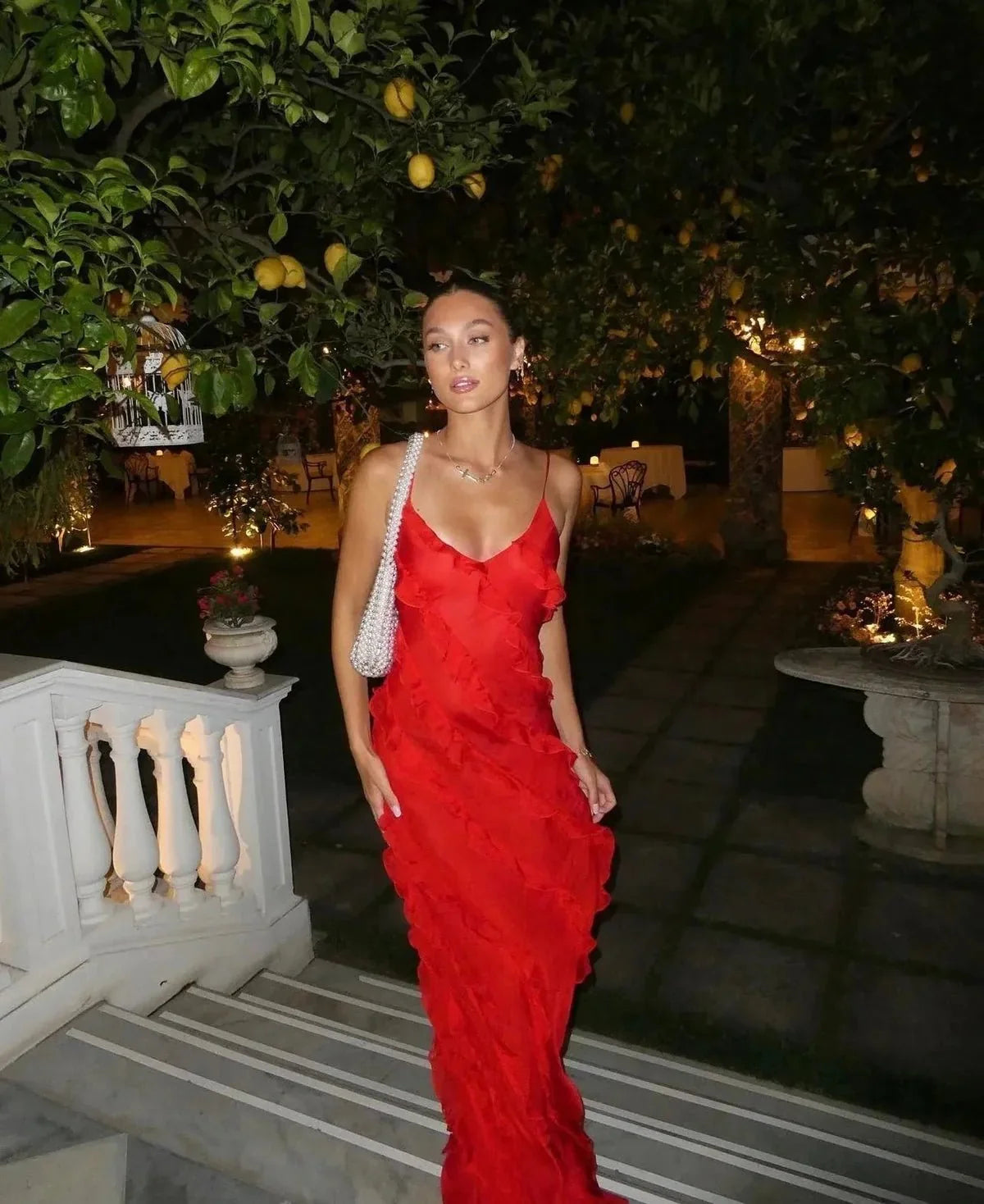 Semi-Sheer Ladder Ruffle Zippered Maxi Dress