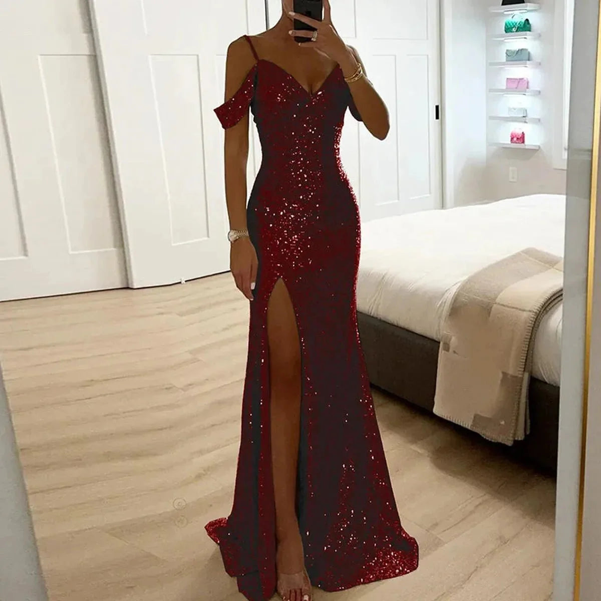 Sequined Off-Shoulder Fitted Prom Gown