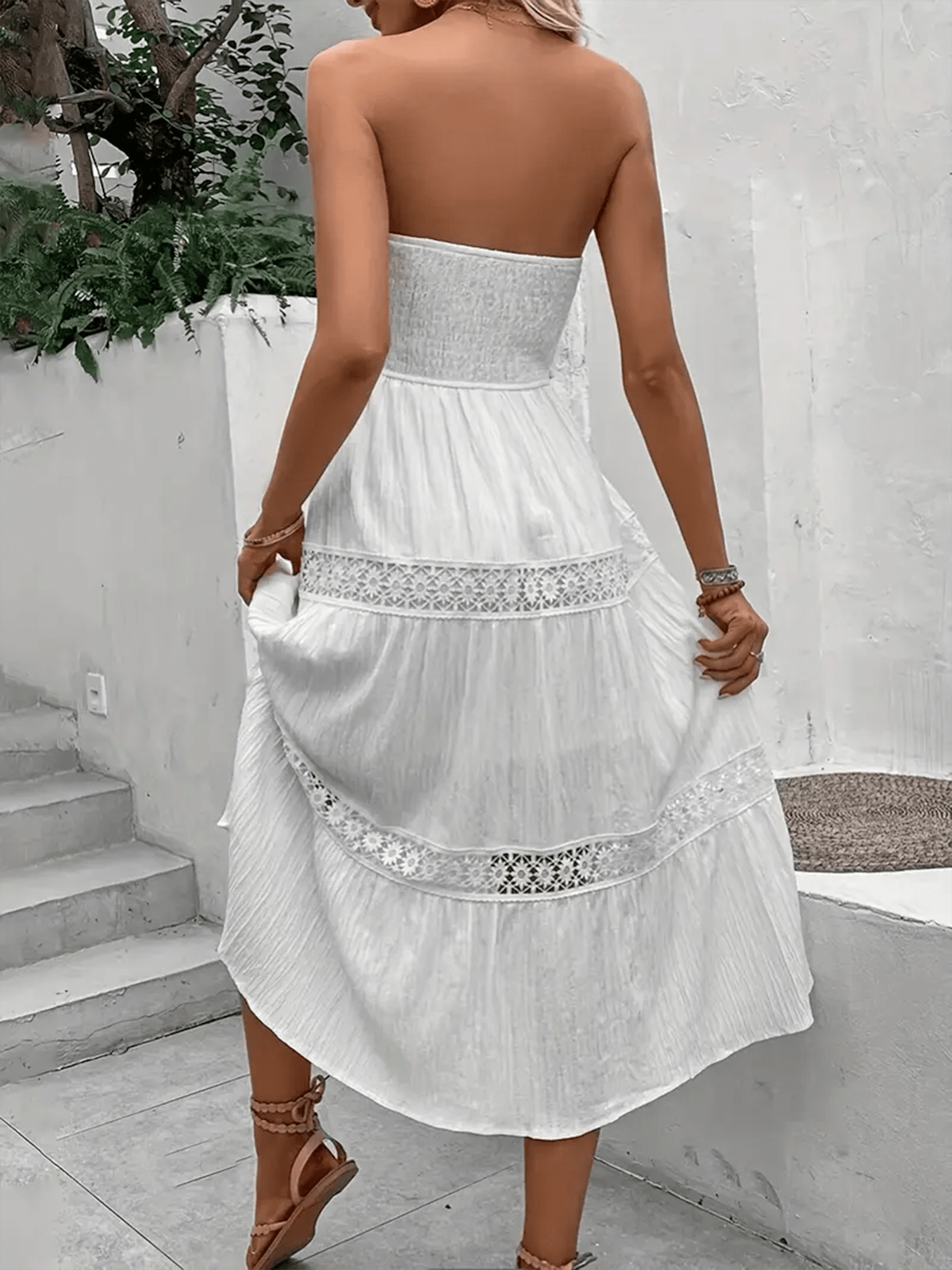Strapless Shirred Midi Dress with Lace Accents