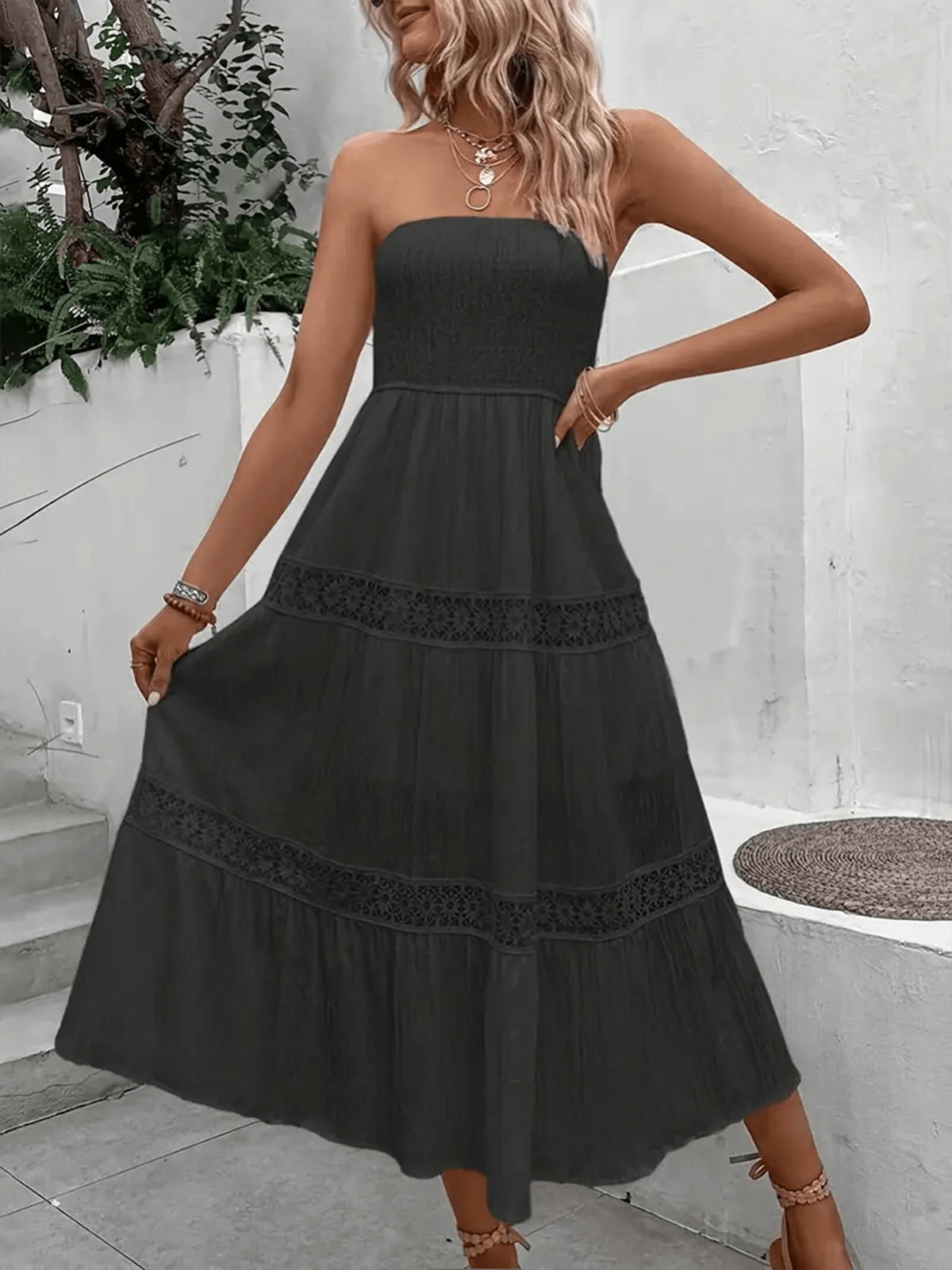 Strapless Shirred Midi Dress with Lace Accents