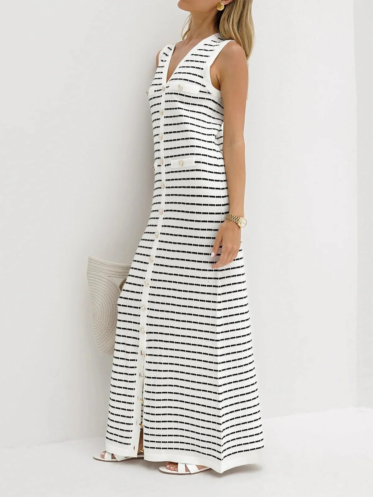 Striped Metal Button Long Knit Sweater Dress