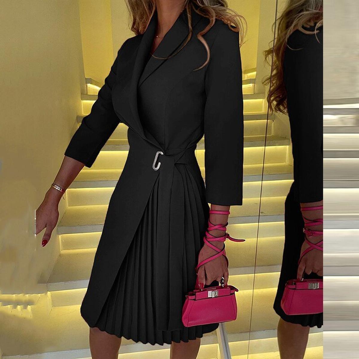 Stylish Women's Blazer Midi Dress With Houndstooth Pattern And Adjustable Belt