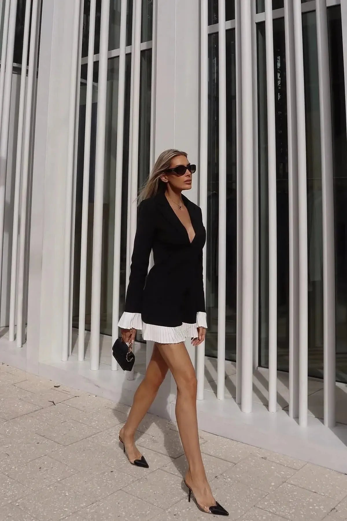 V-Neck Pleated Button Dress