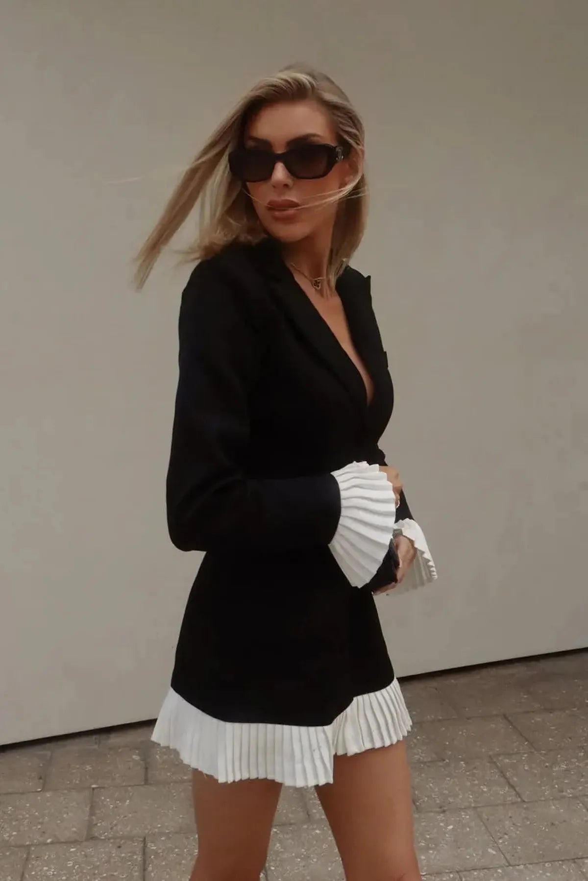 V-Neck Pleated Button Dress