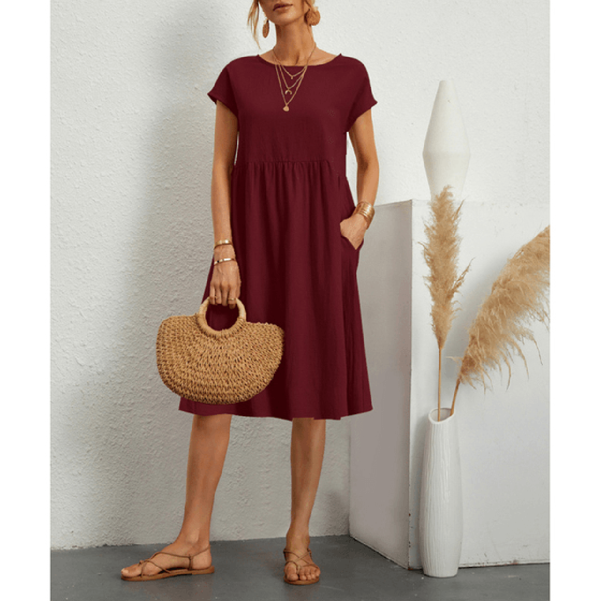 Women's Cotton Linen A-Line Short Sleeve Midi Dress