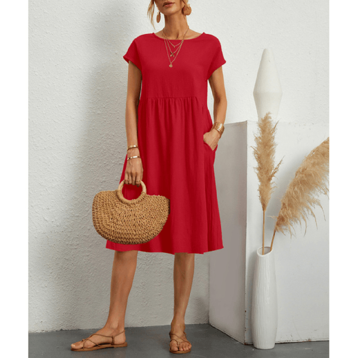 Women's Cotton Linen A-Line Short Sleeve Midi Dress