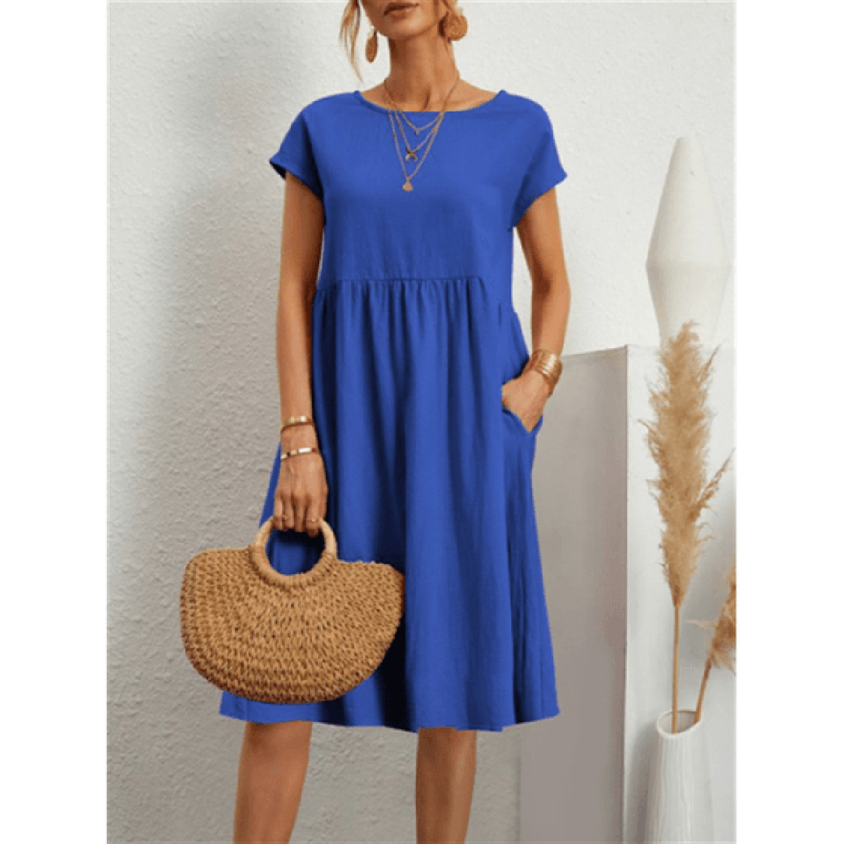 Women's Cotton Linen A-Line Short Sleeve Midi Dress