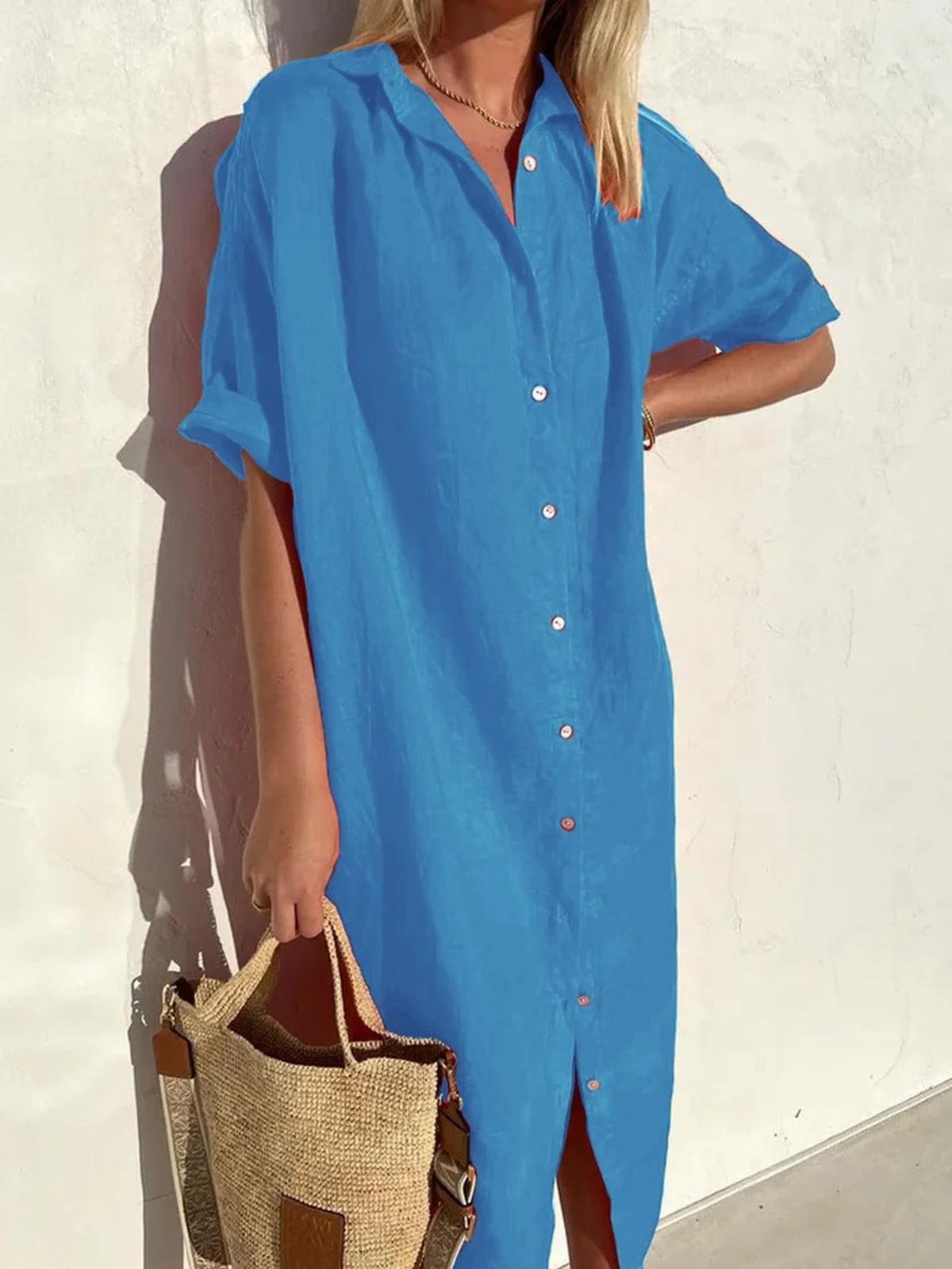Women's Cotton-Linen Button-Down Midi Shirt Dress