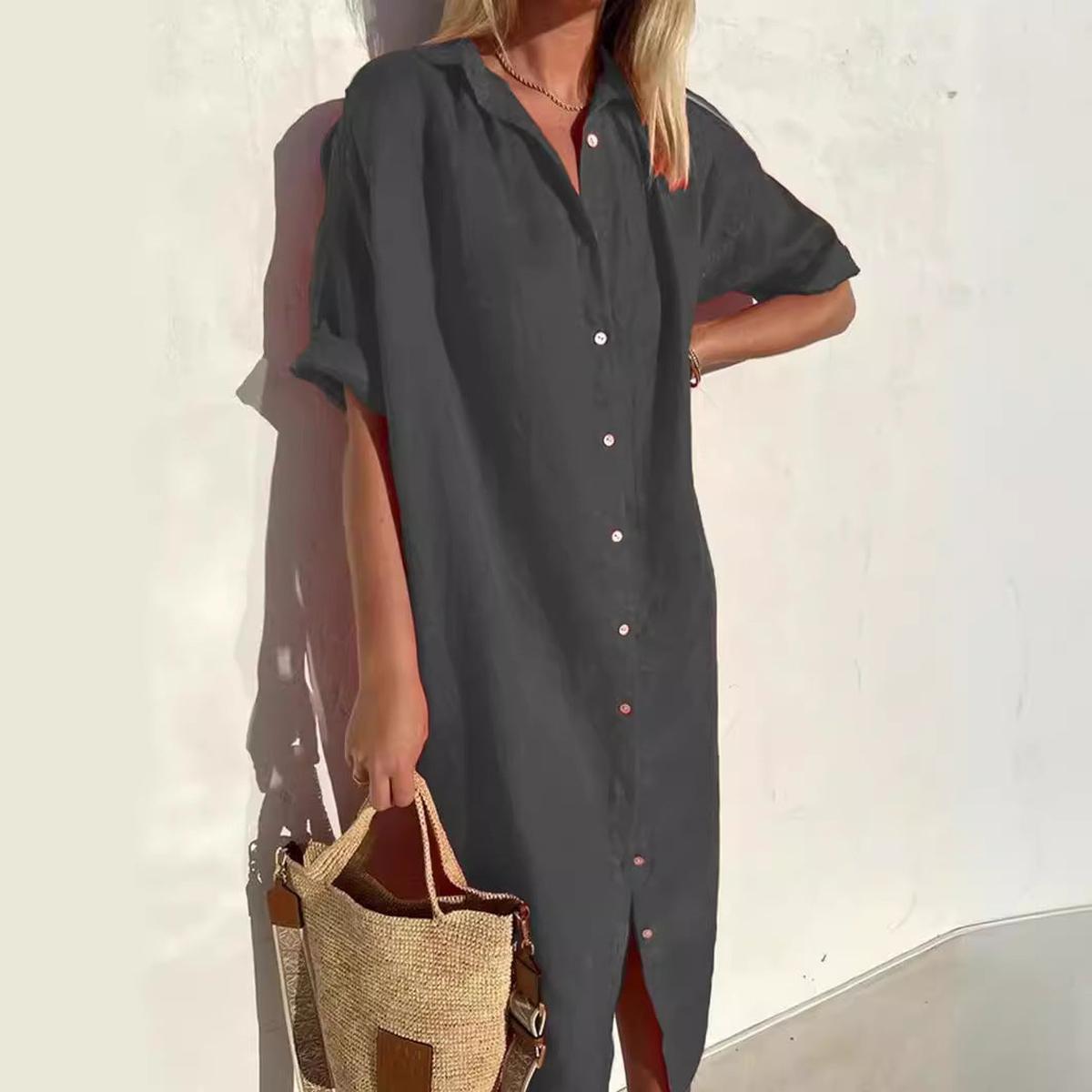 Women's Cotton-Linen Button-Down Midi Shirt Dress