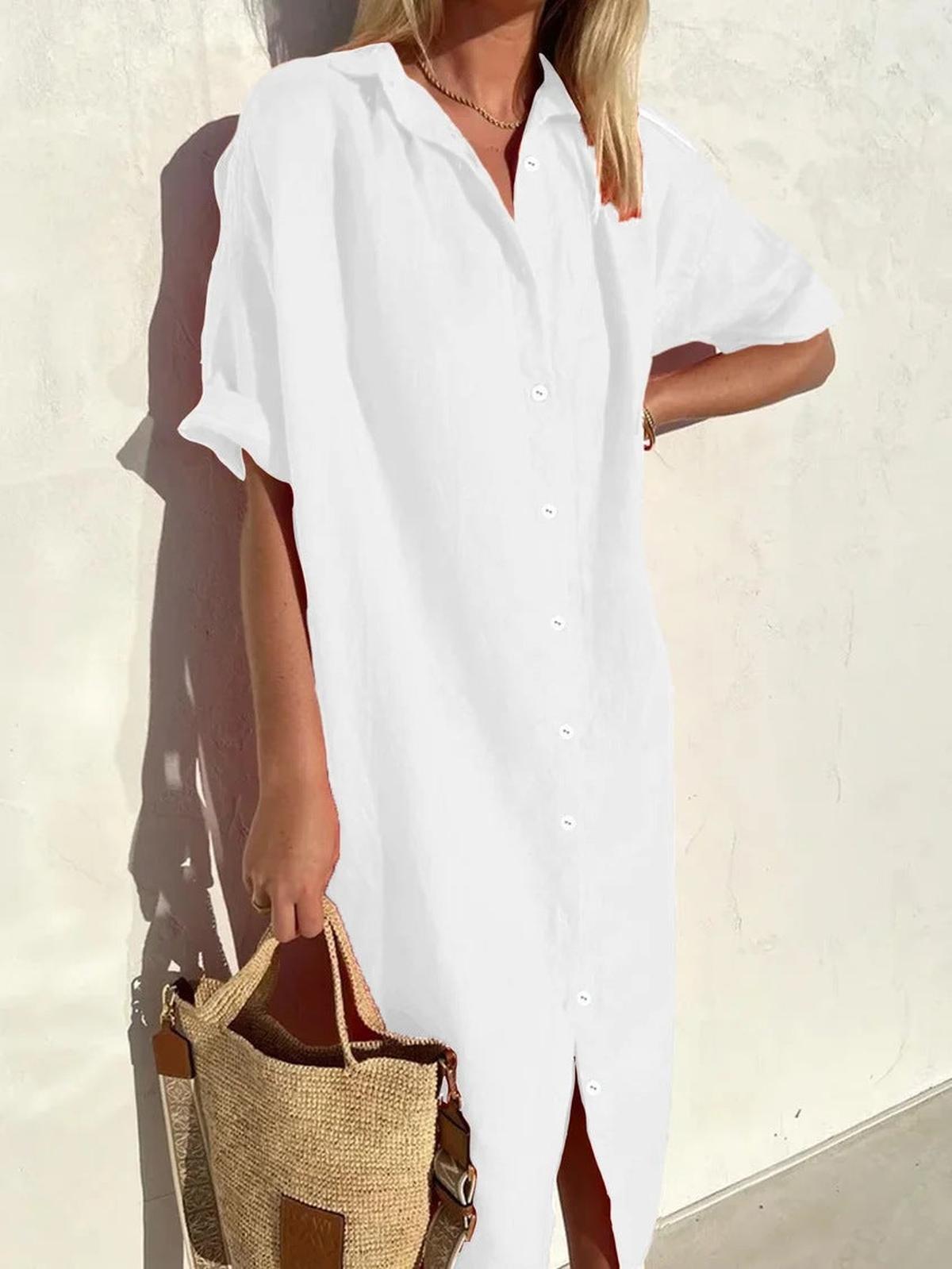 Women's Cotton-Linen Button-Down Midi Shirt Dress