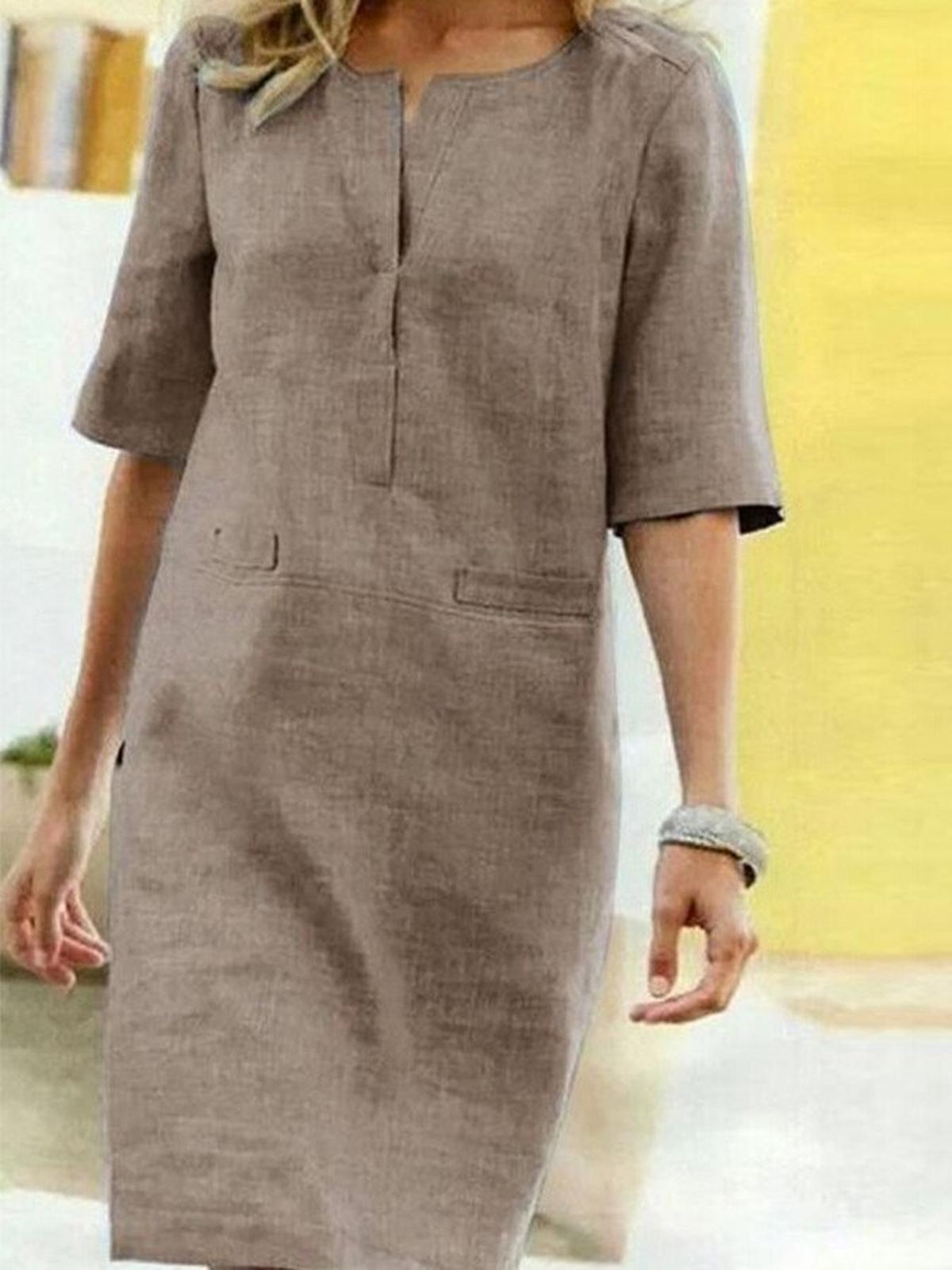 Women's Cotton Linen Shift Dress With V-Slit Neck