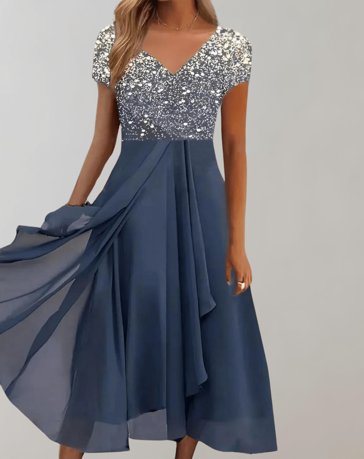 Women's Evening Dress With Shimmering Floral Top