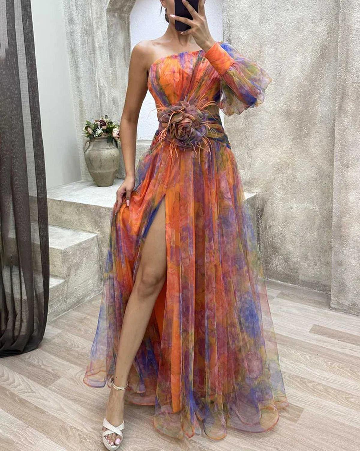 Women's Floral One-Shoulder Maxi Evening Gown