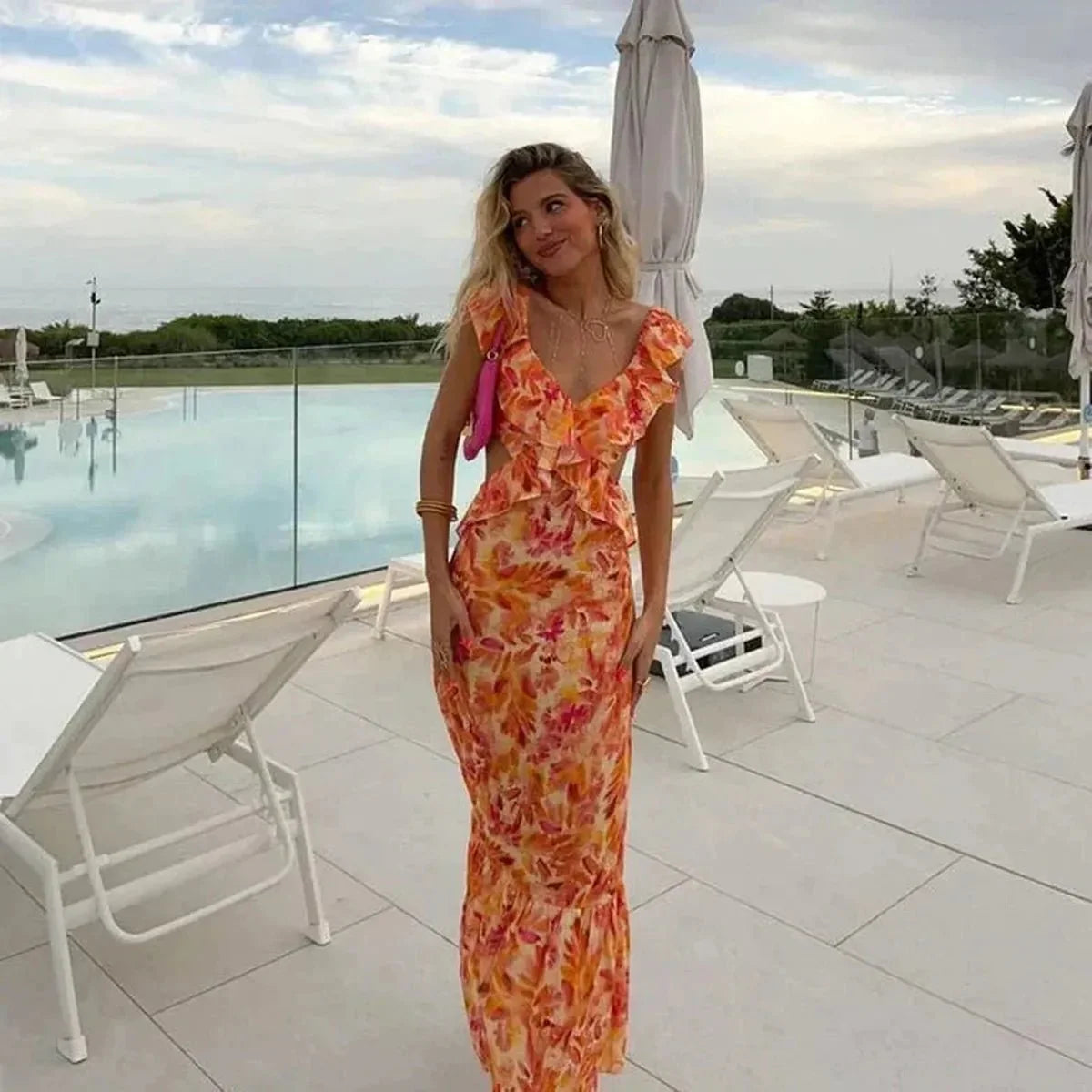 Women's Floral Ruffled V-Neck Maxi Dress