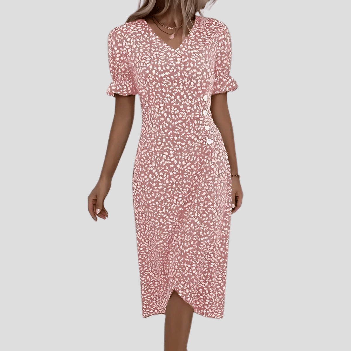 Women's Floral V-Neck Midi Dress With Puff Sleeves
