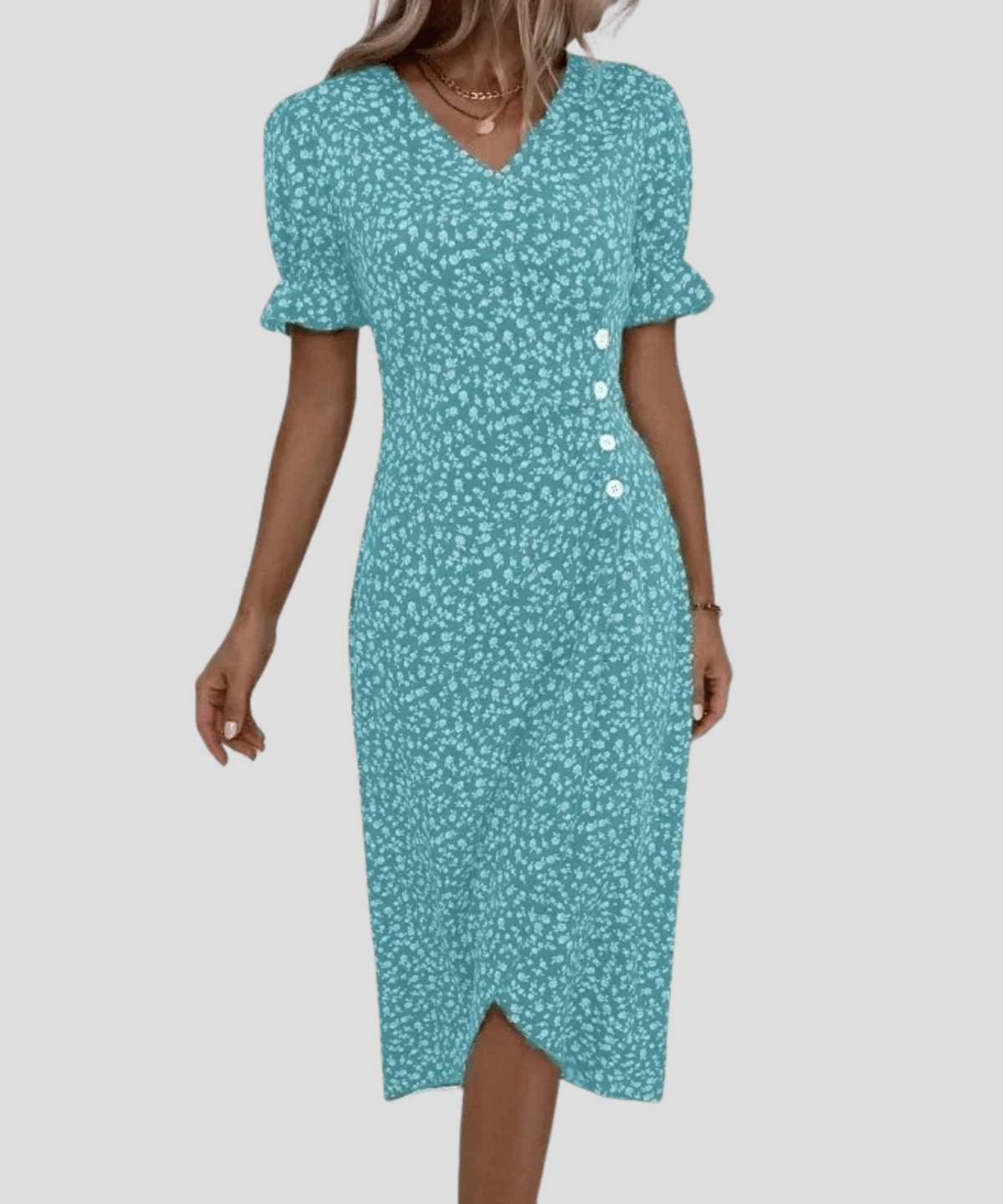 Women's Floral V-Neck Midi Dress With Puff Sleeves