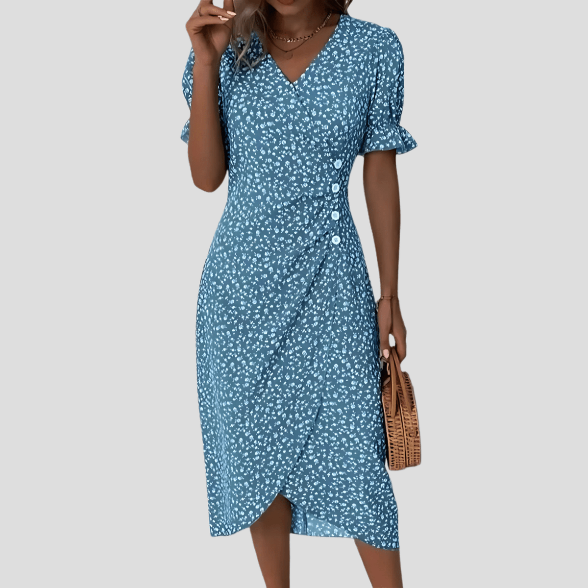 Women's Floral V-Neck Midi Dress With Puff Sleeves