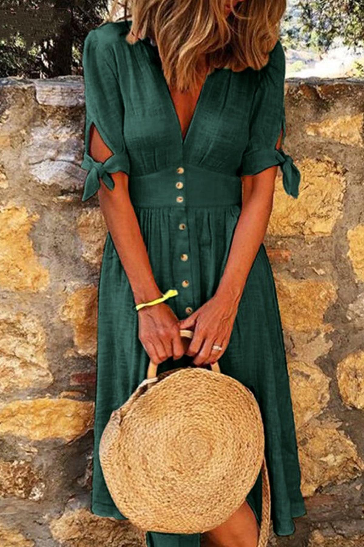 Women's Summer Button-Down V-Neck Midi Dress