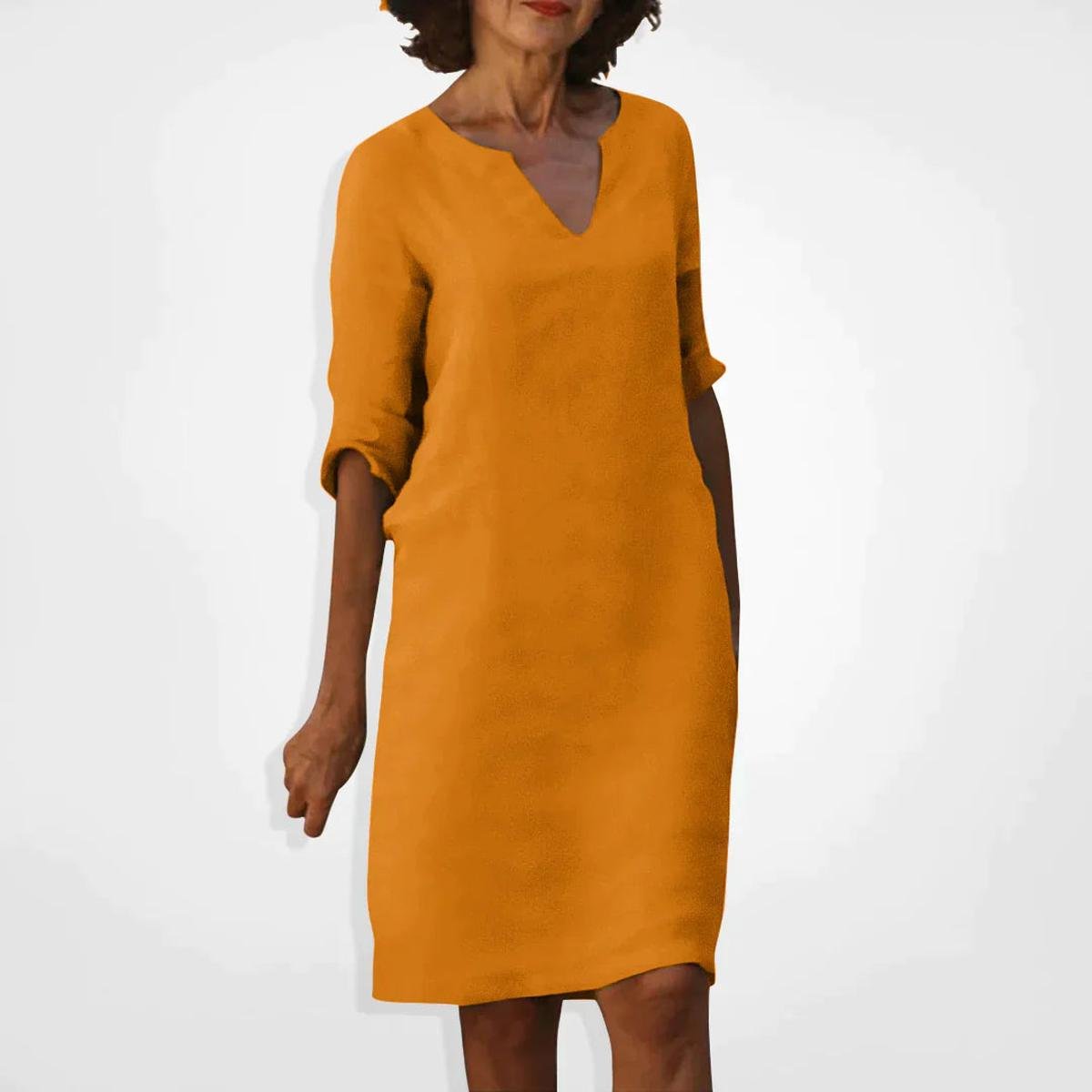 Women's Summer V-Neck Midi Dress With Three-Quarter Sleeves