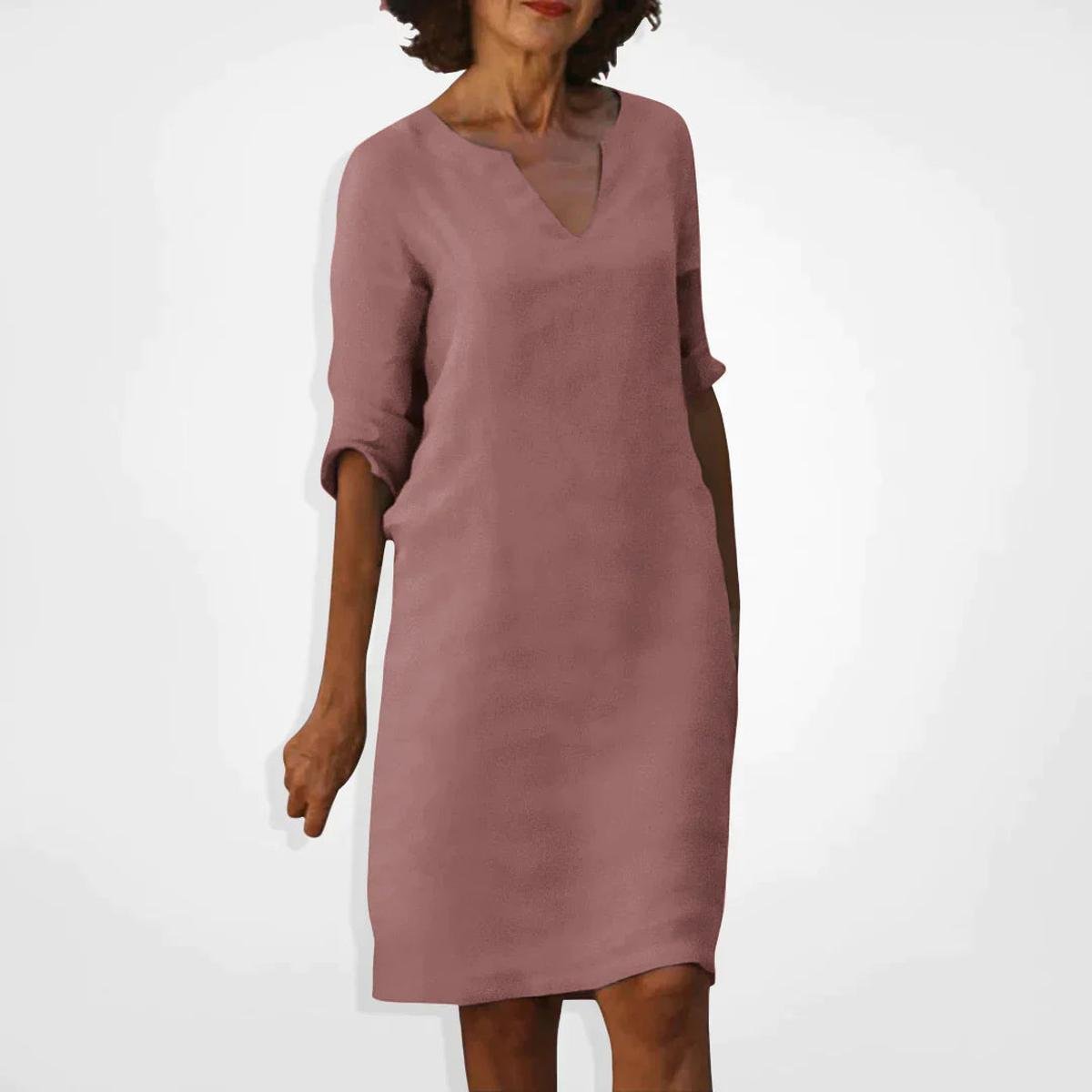 Women's Summer V-Neck Midi Dress With Three-Quarter Sleeves
