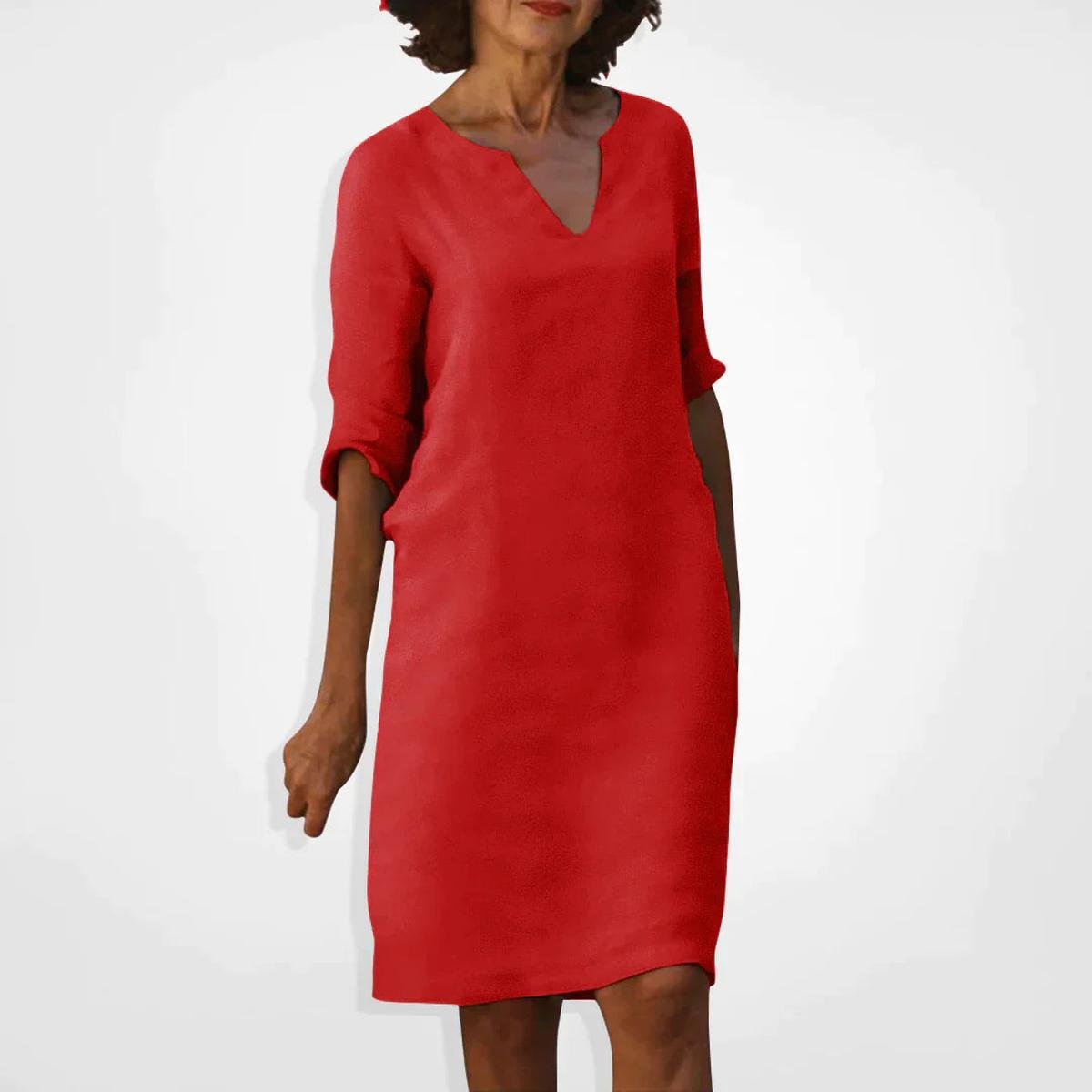 Women's Summer V-Neck Midi Dress With Three-Quarter Sleeves