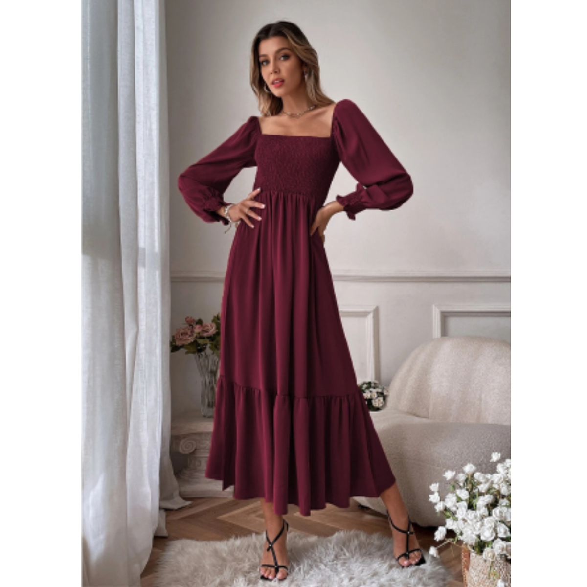 Women's Transitional Dress With Florentine Neckline And Long Sleeves