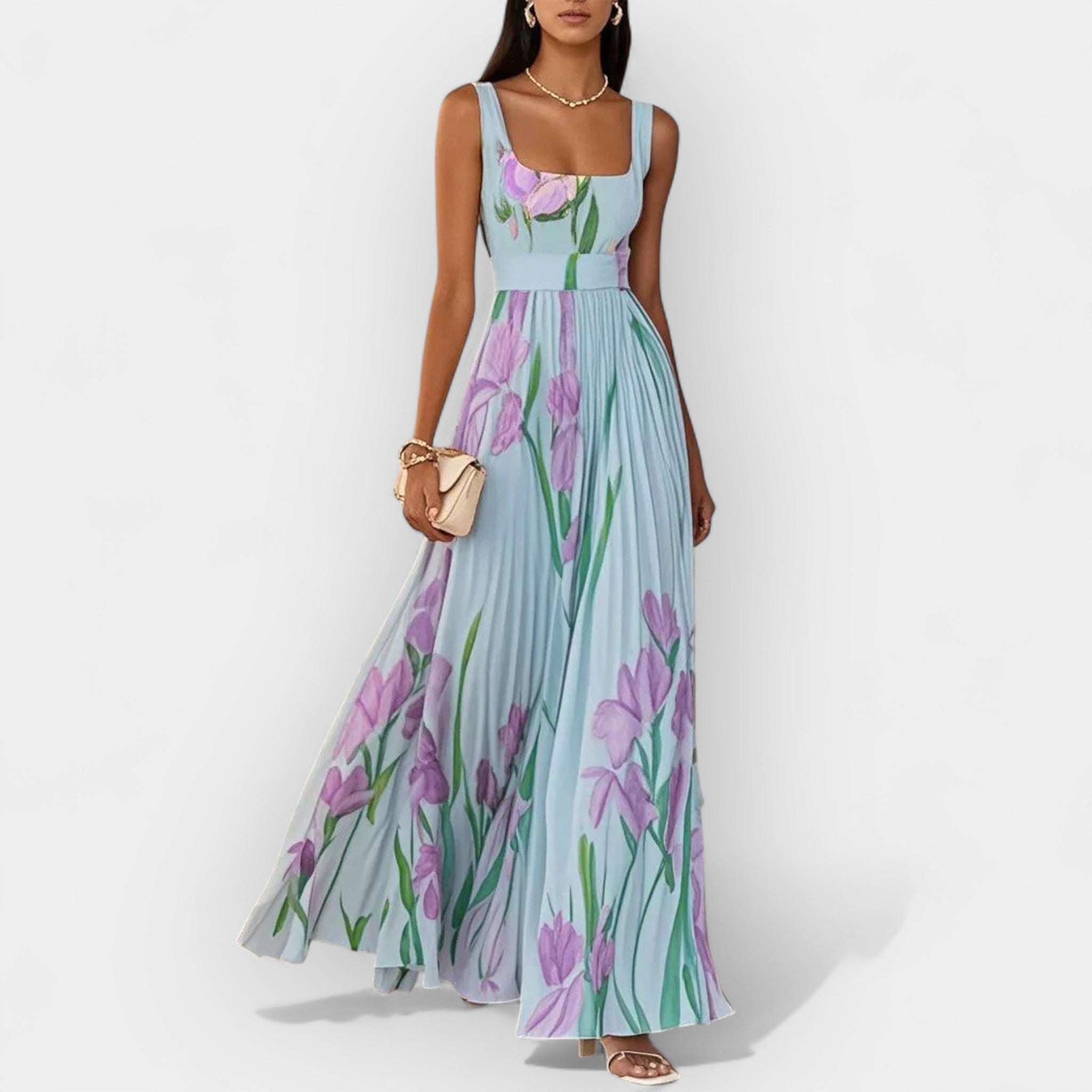 Rochie maxi plisată cu imprimeu floral și bretele late