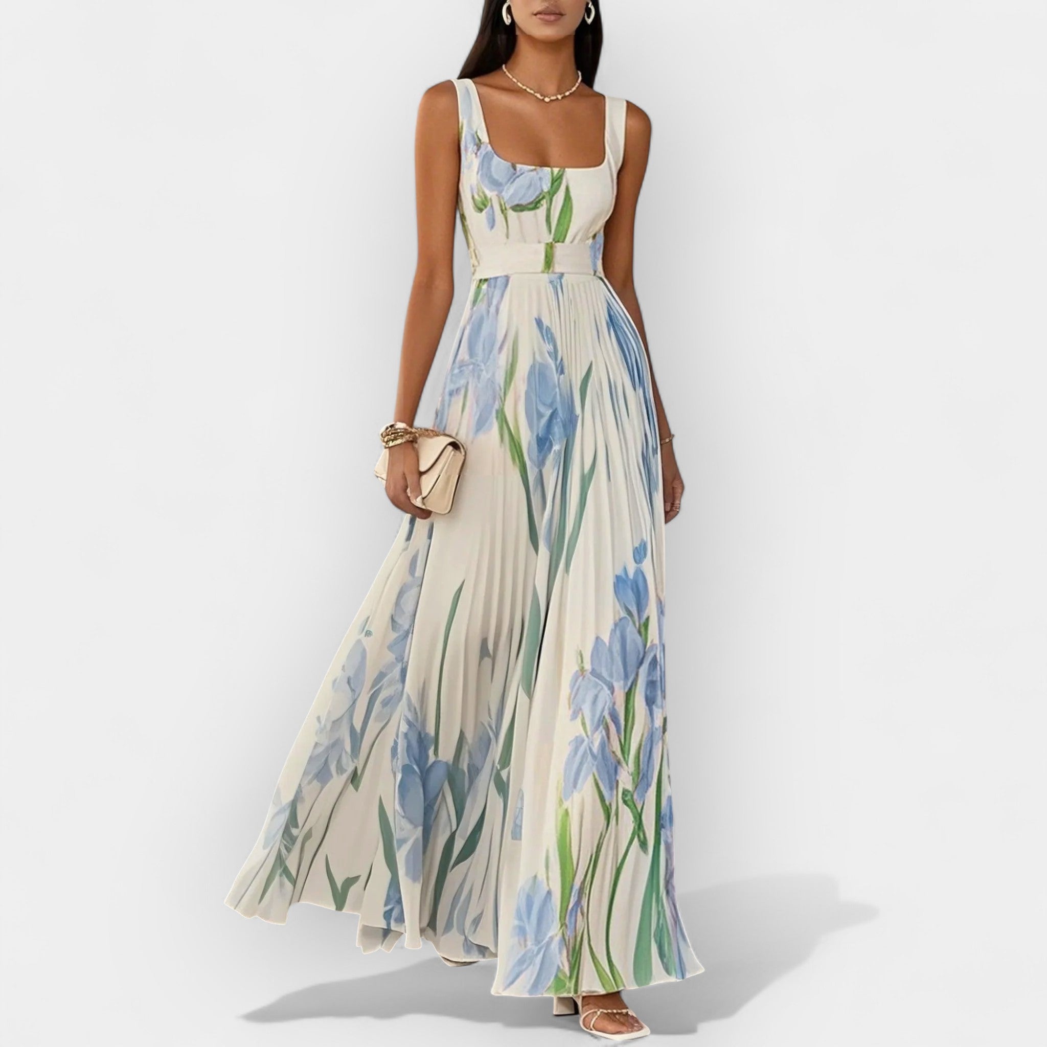Rochie maxi plisată cu imprimeu floral și bretele late