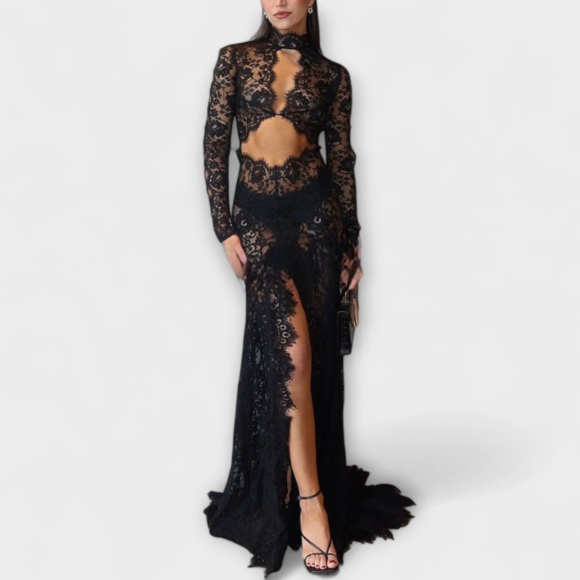 Azalea - Polnočná elegancia transparentné vykrojené dlhé šaty s elastanom