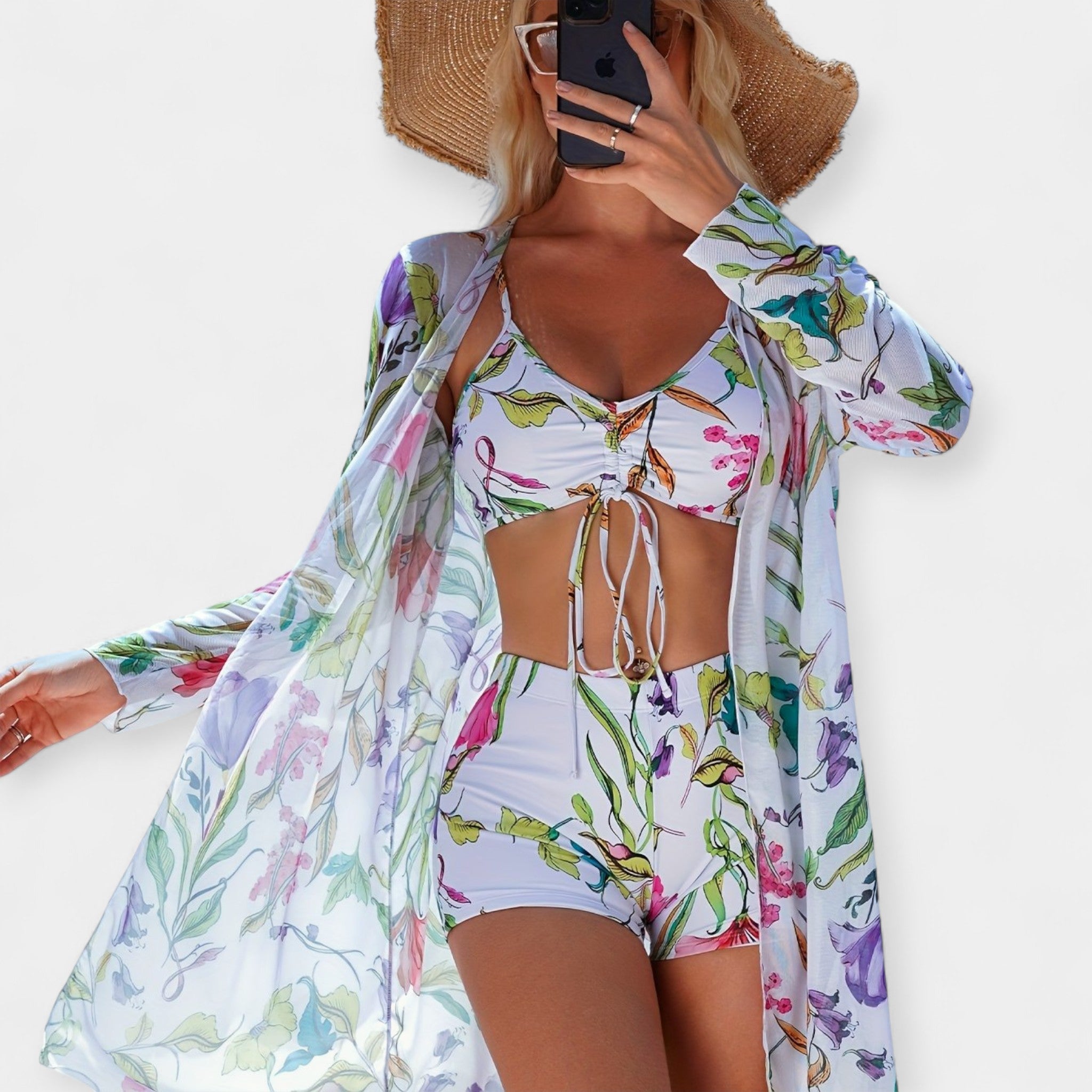 Set bikini cu talie înaltă și rochie de plajă