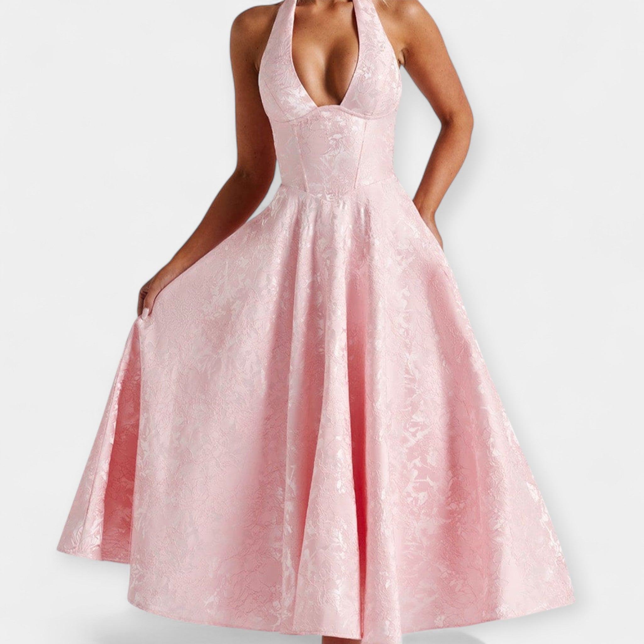 Rochie Midi Elegantă cu Spate Decupat și Corset