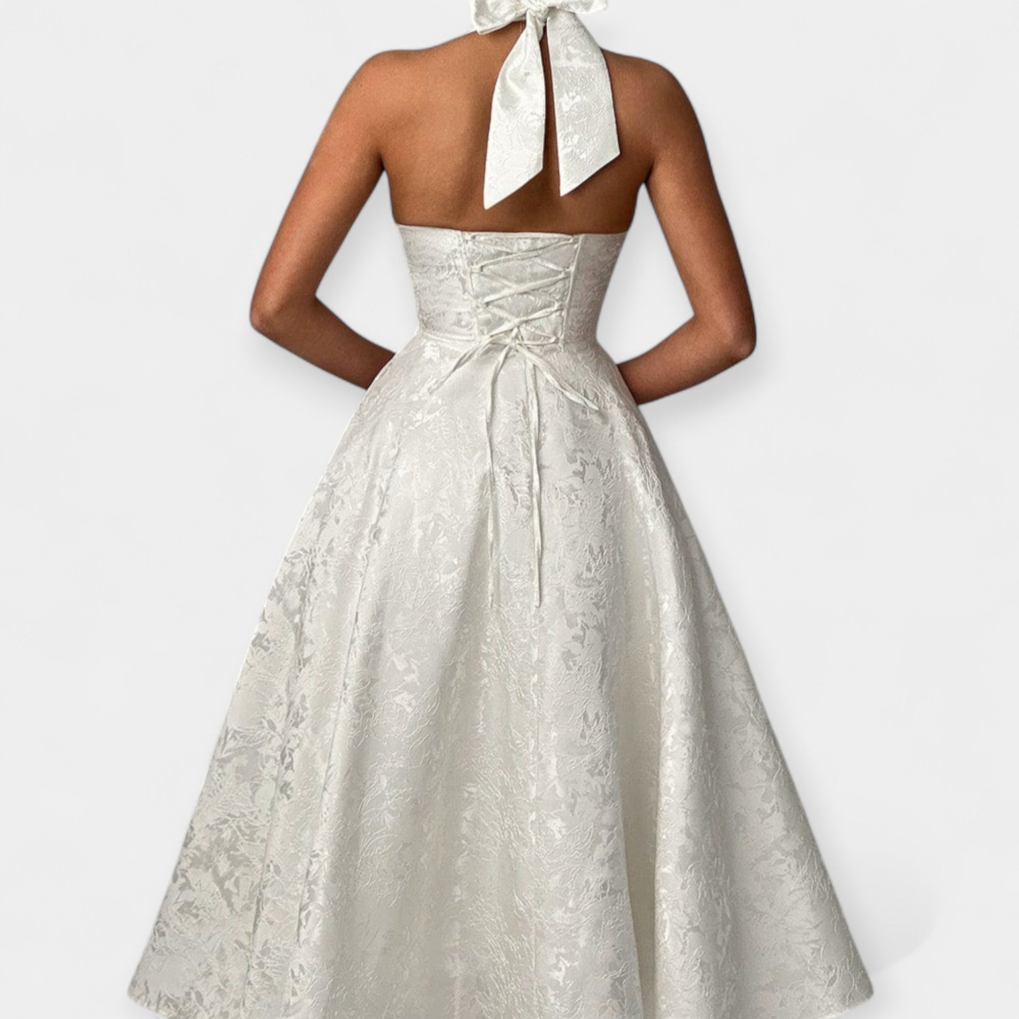 Rochie Midi Elegantă cu Spate Decupat și Corset