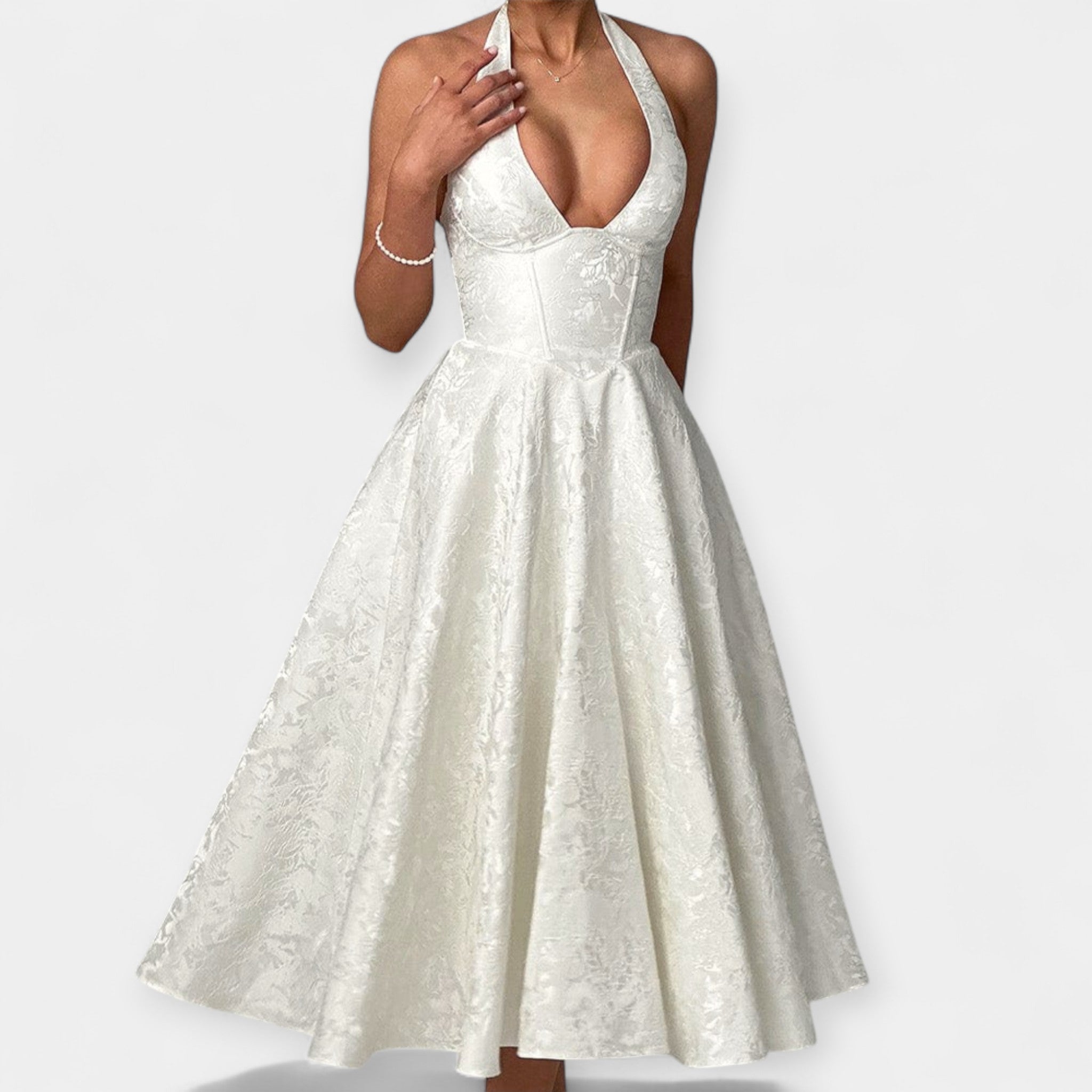 Rochie Midi Elegantă cu Spate Decupat și Corset