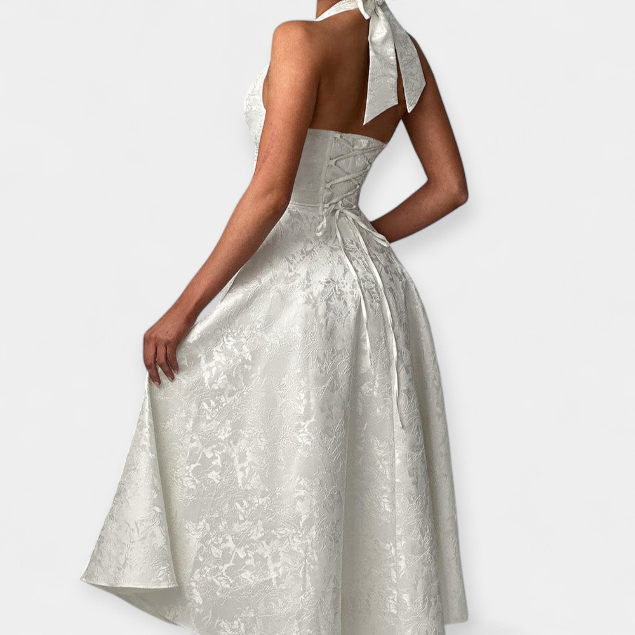 Rochie Midi Elegantă cu Spate Decupat și Corset
