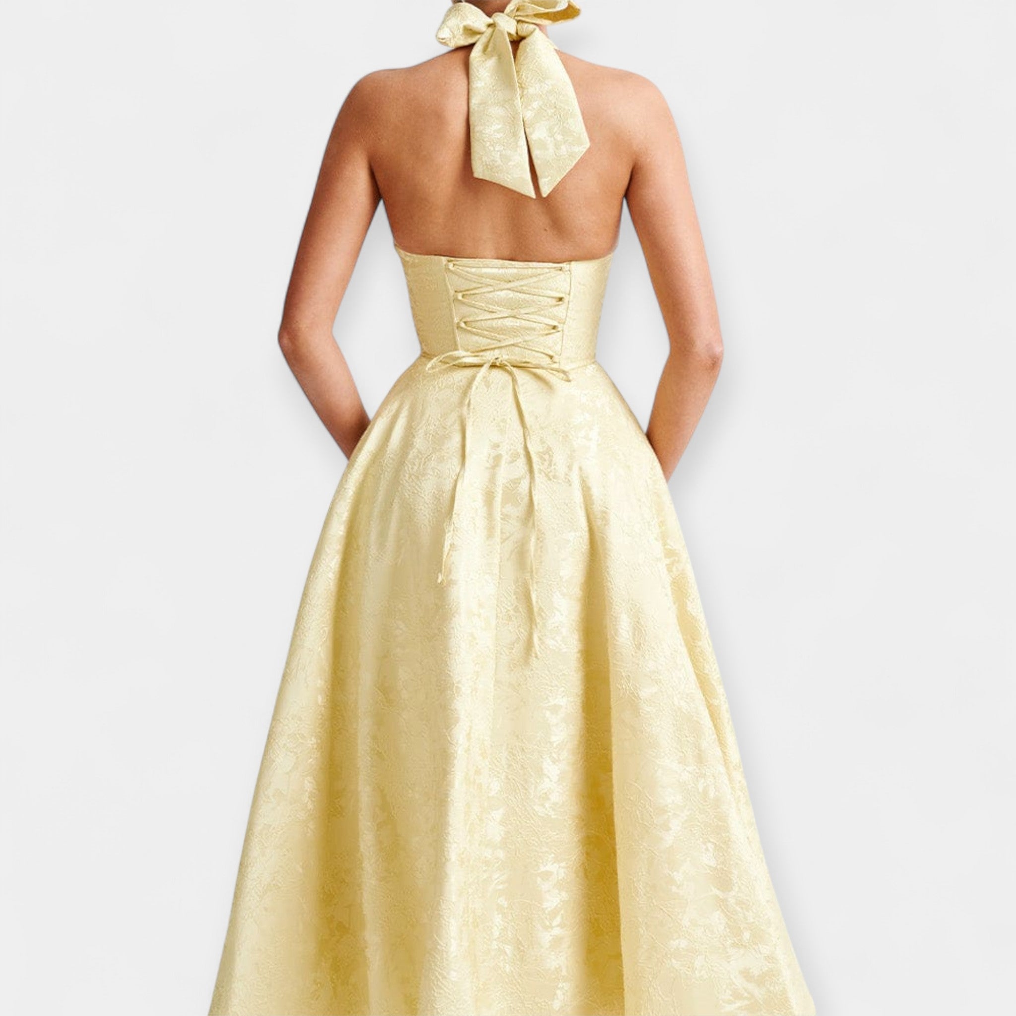 Rochie Midi Elegantă cu Spate Decupat și Corset