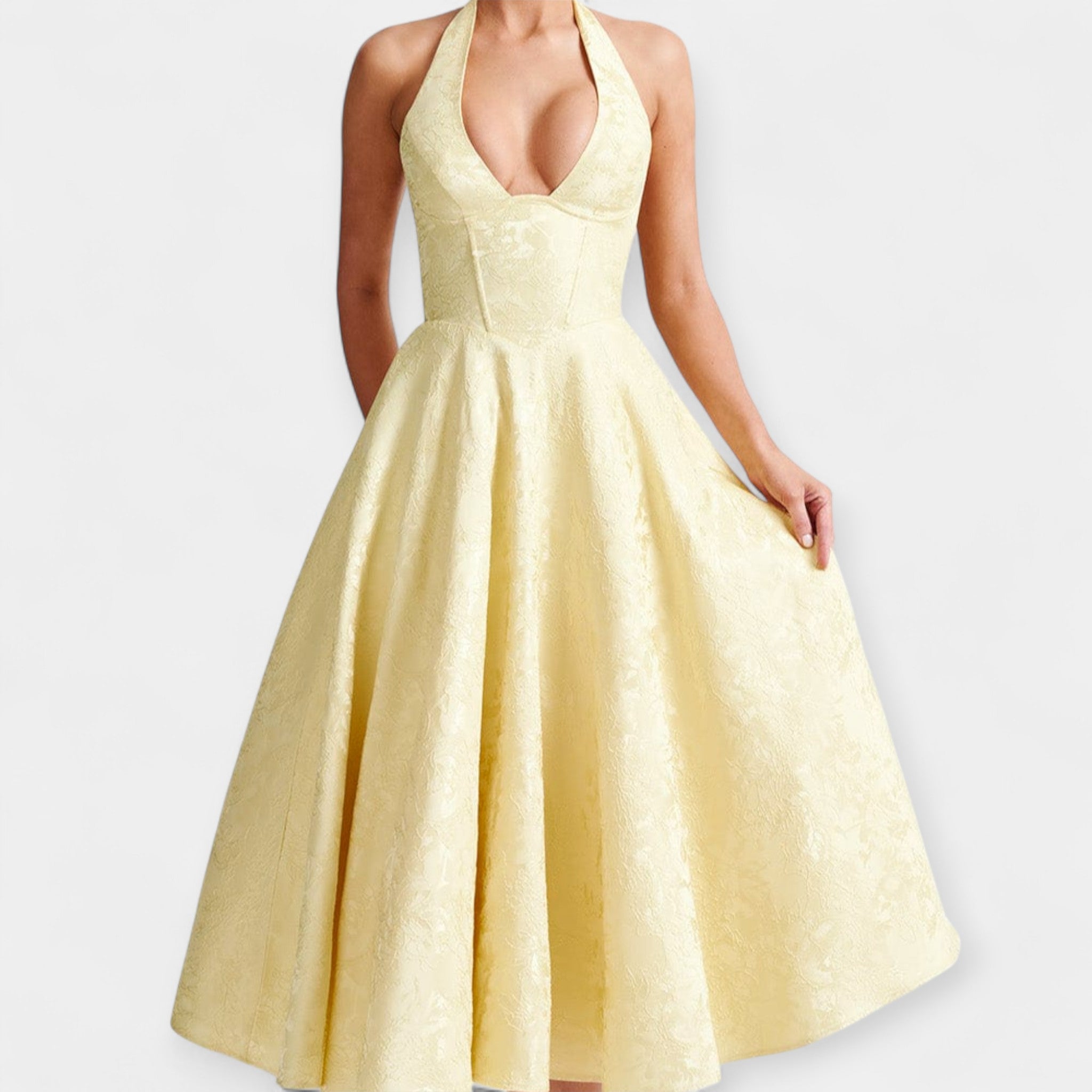Rochie Midi Elegantă cu Spate Decupat și Corset